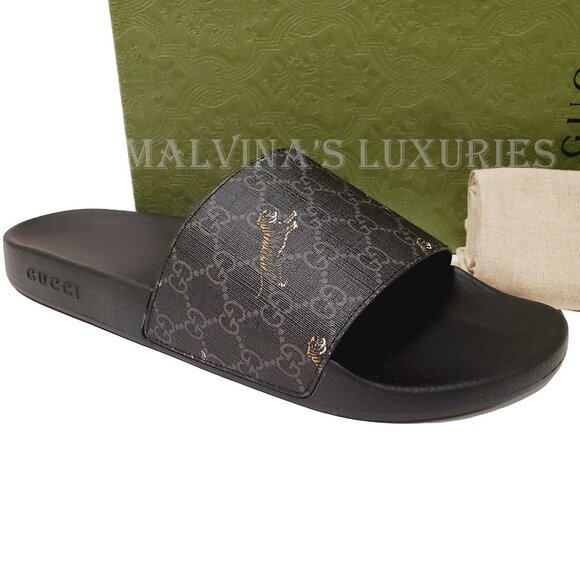 GUCCI SHOES MENS GG SUPREME CANVAS LOGO TIGER SLIDES SANDALS Size 9/ US 9.5 - Picture 14 of 15